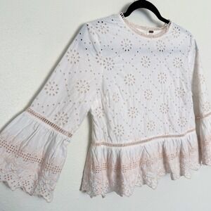 Free People Eyelet Lace Peplum Top Cream Boho Cottagecore Small